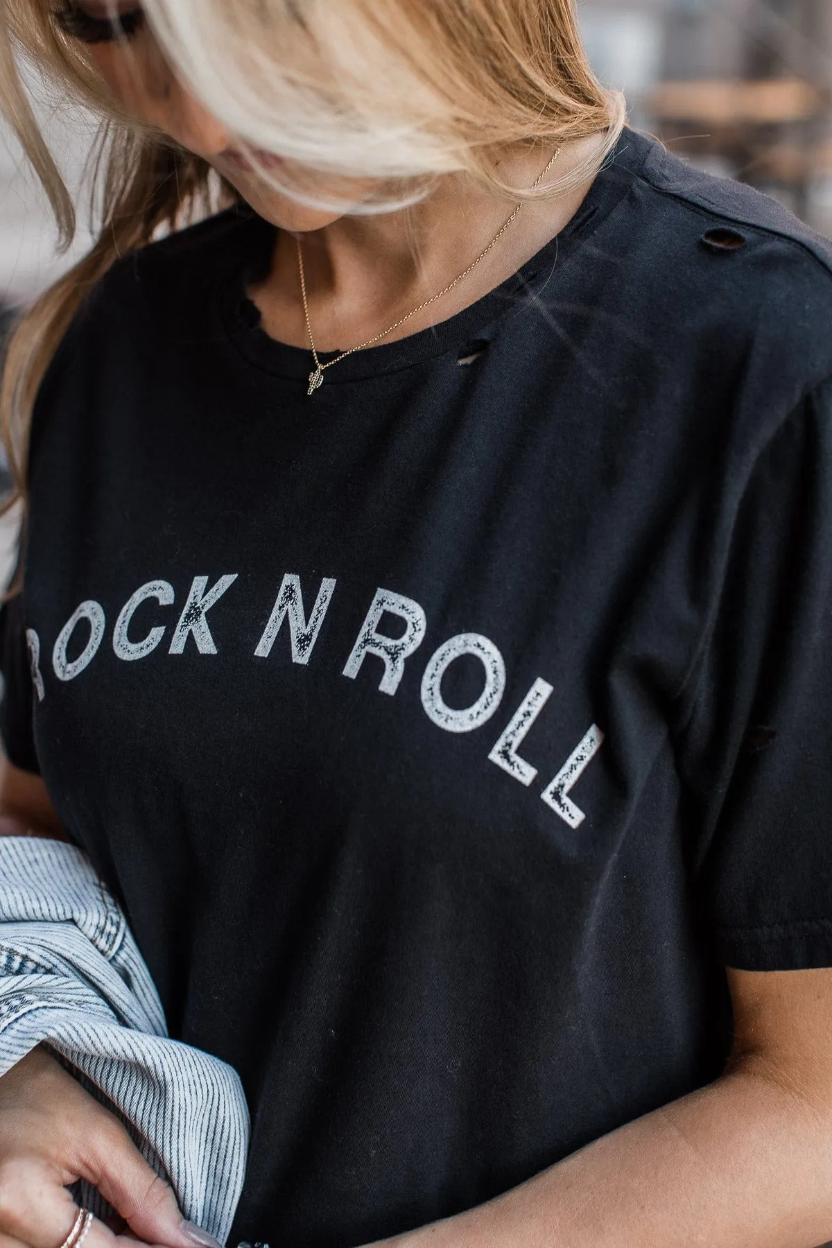 "Rock N Roll" Distressed Graphic Tee- Black