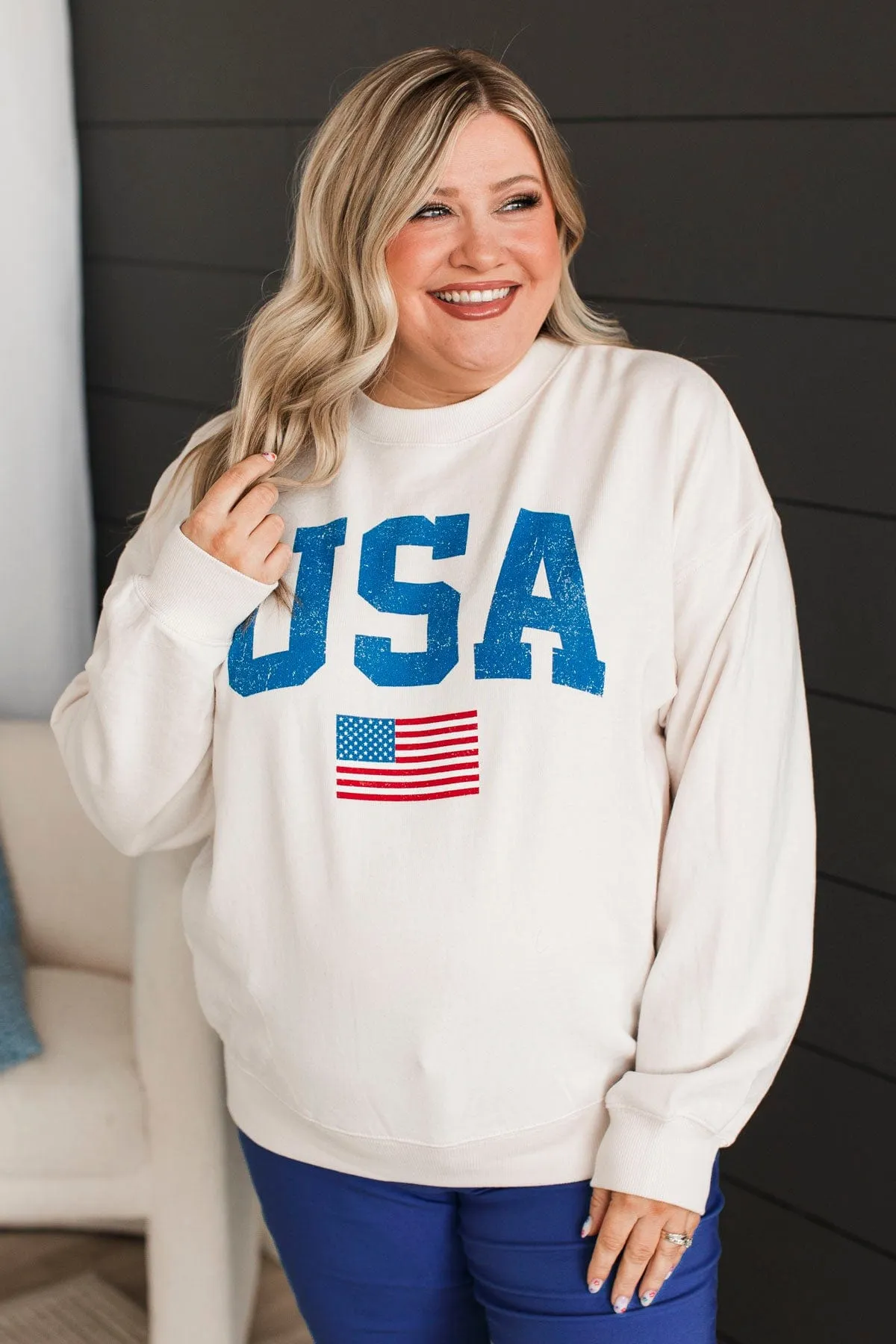 "USA" Crew Neck Pullover- Ivory