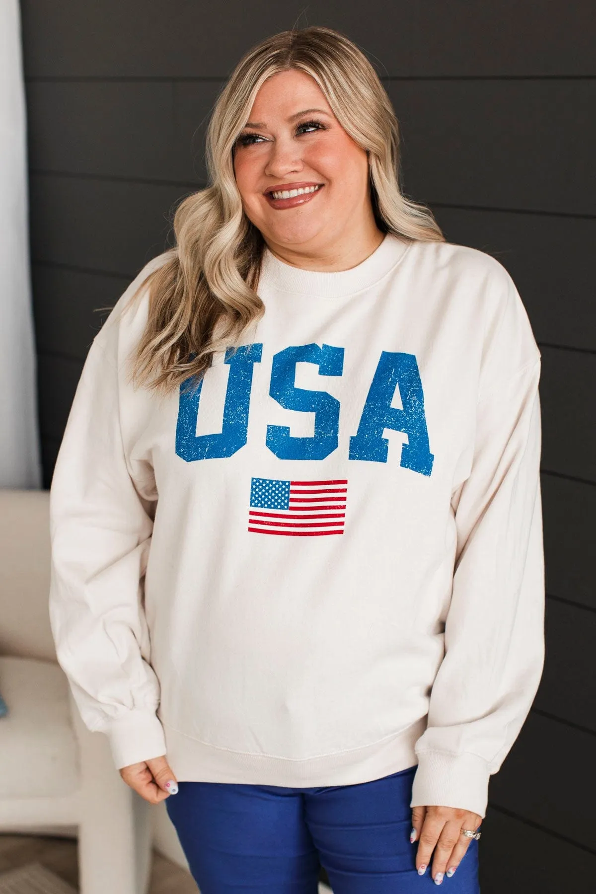 "USA" Crew Neck Pullover- Ivory