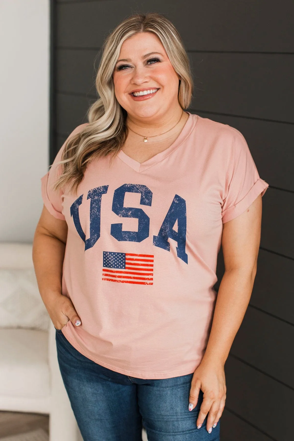 "USA" V-Neck Top- Dusty Pink