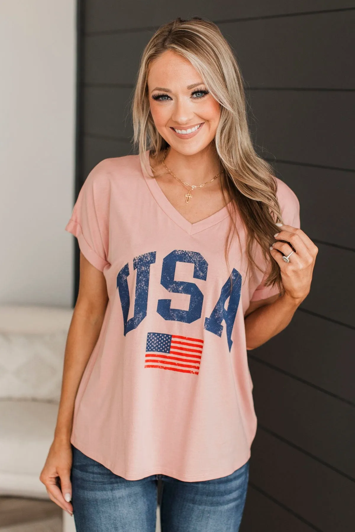 "USA" V-Neck Top- Dusty Pink