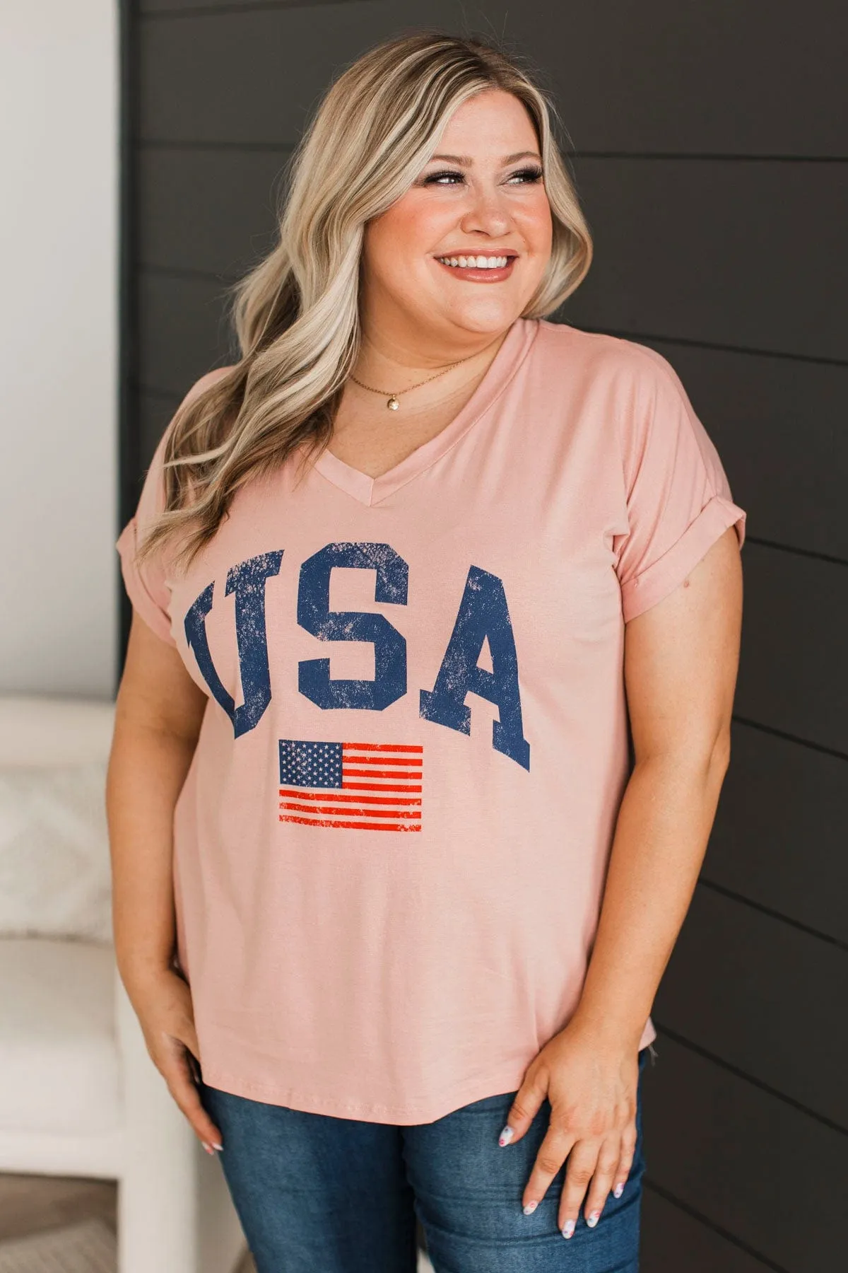 "USA" V-Neck Top- Dusty Pink