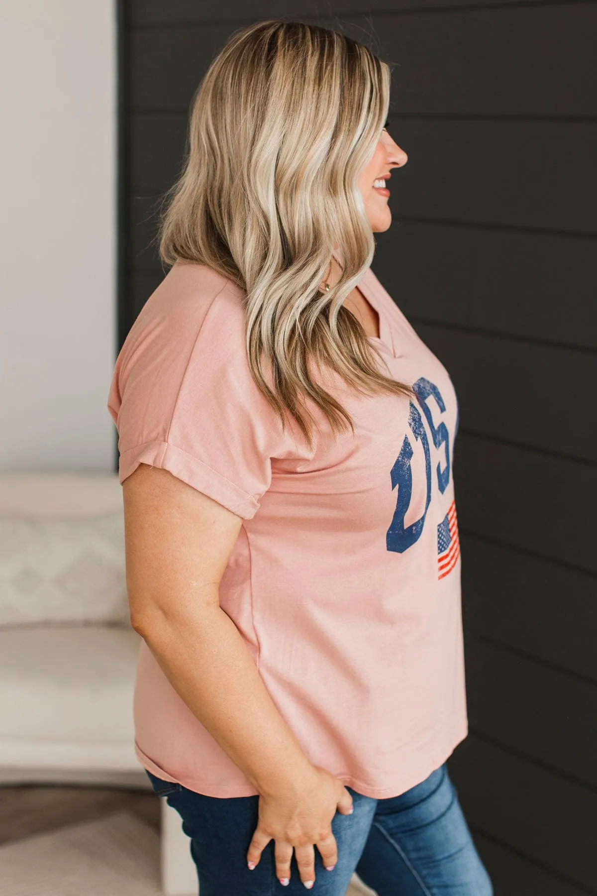 "USA" V-Neck Top- Dusty Pink