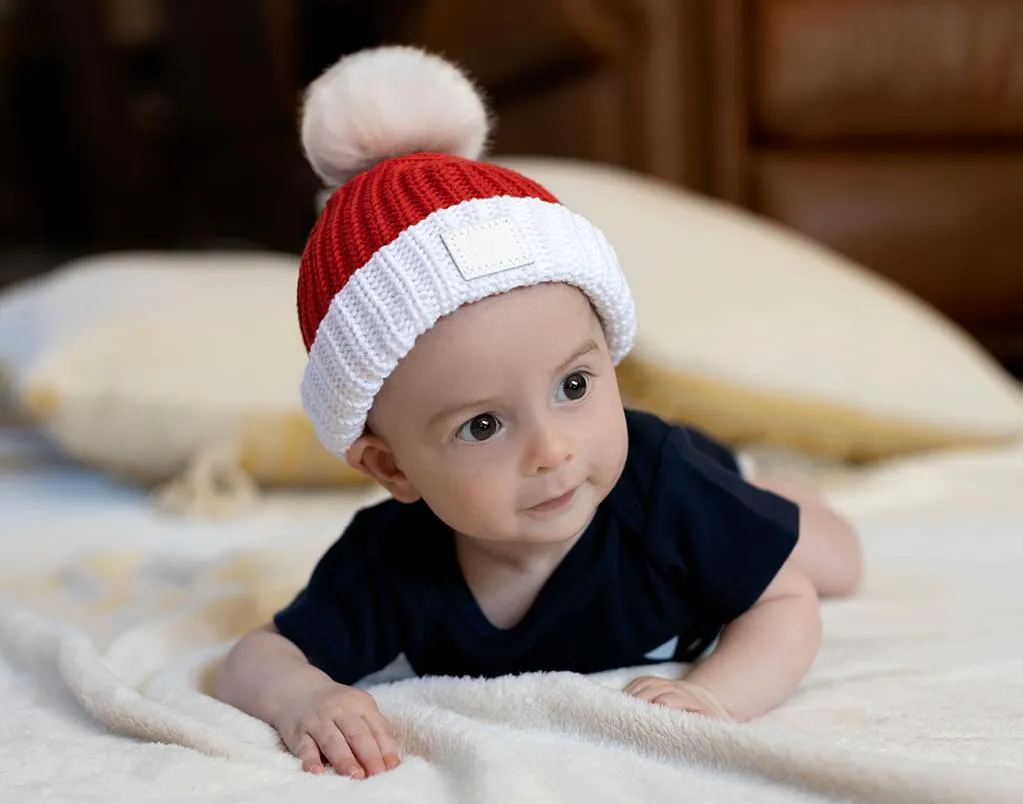 Red and White Santa Baby Pom Beanie