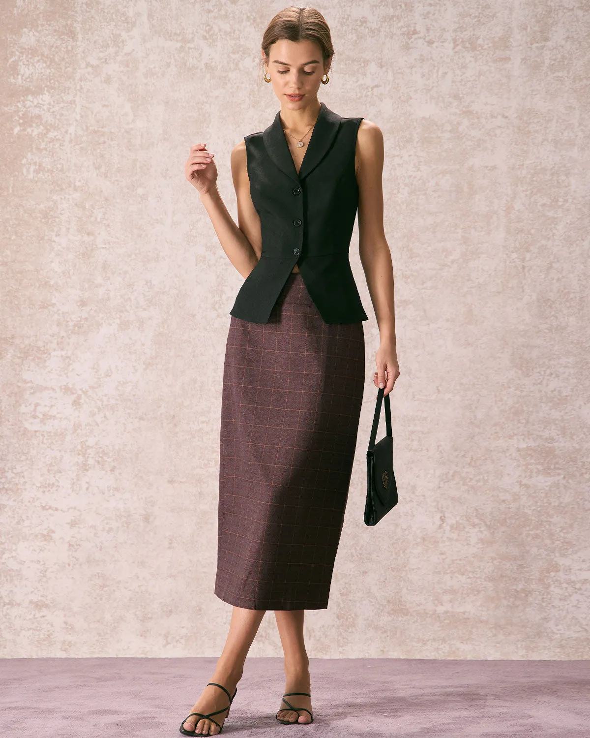 The Coffee High Waisted Plaid Midi Skirt